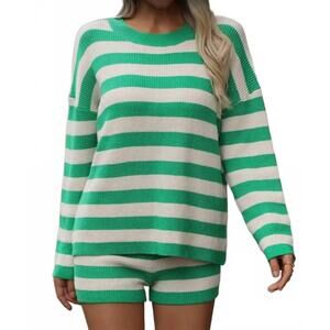 NEW MISS SPARKLING long sleeve striped knit set in green/cream